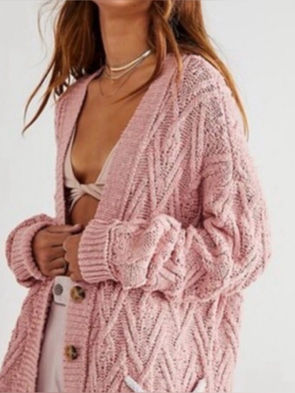 Free People NWOT Montana Dusty Rose Cable Knit Button Cardigan